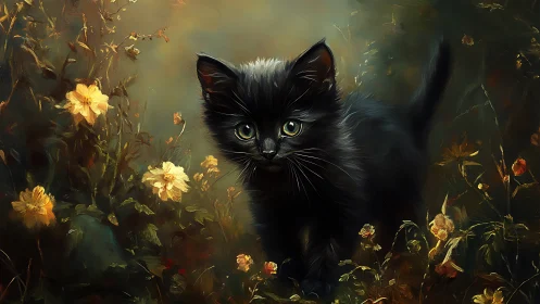 Black Cat with Luminous Eyes in Golden Floral Garden.