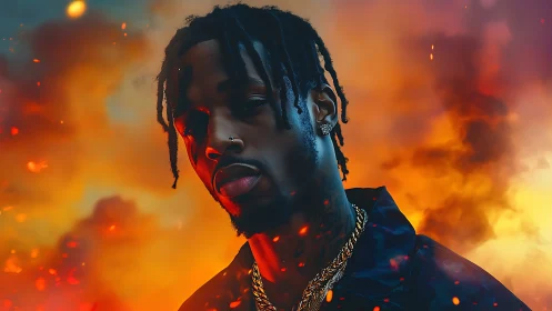 Moody hip hop portrait in a blazing ember sky glow.