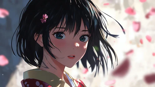 Spring petals pause as a kimono girl turns toward memory