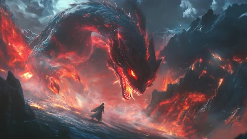 Volcanic wyrm coils above lone hero on molten horizon.