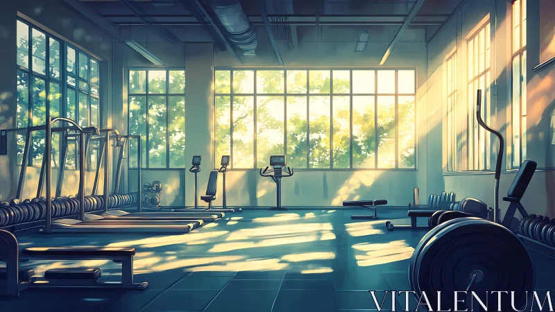 Sunlit empty gym interior shows weights and cardio machines