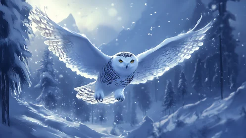 Majestic snowy owl in flight over winter forest, digital art.