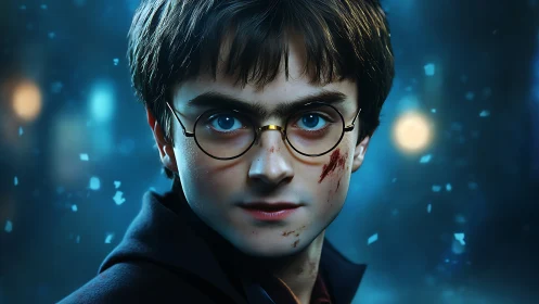 Young wizard with glasses glares through icy blue night.