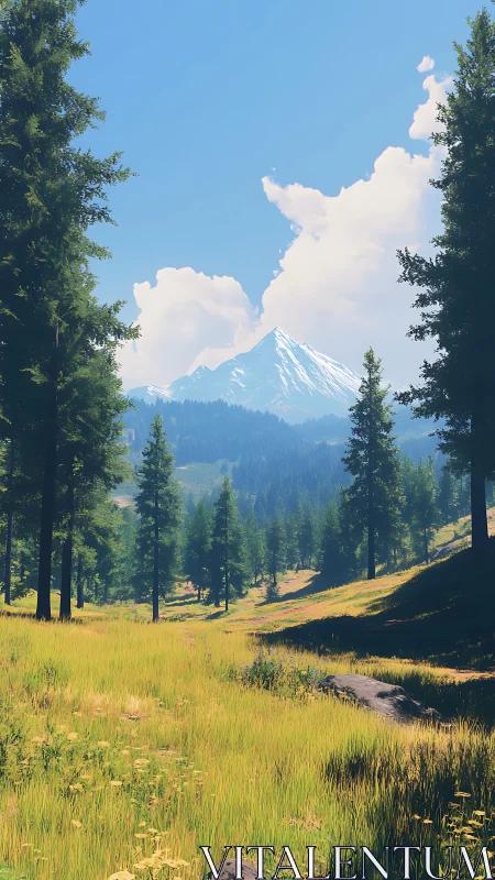 Conifer forest clearing with distant snow covered mountain peak.
