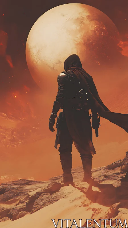 Cloaked wanderer on volcanic desert ridge before rising planet