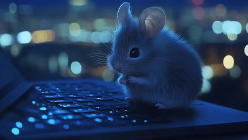Tiny gray mouse on laptop keyboard at night city lights.