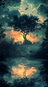 Twilight guardian tree mirrored in a dream-bright lagoon.
