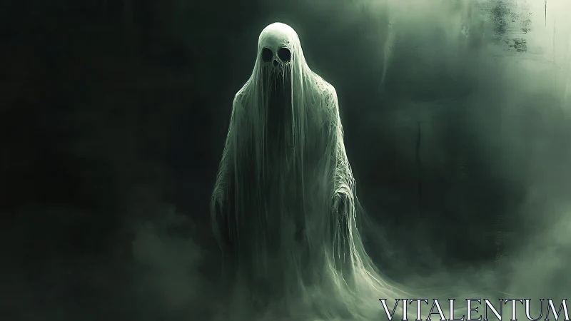 Ghostly wraith shrouded in tattered veils amid fog.