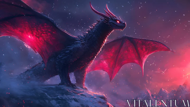 Midnight ember dragon watching over frosted mountainscape.
