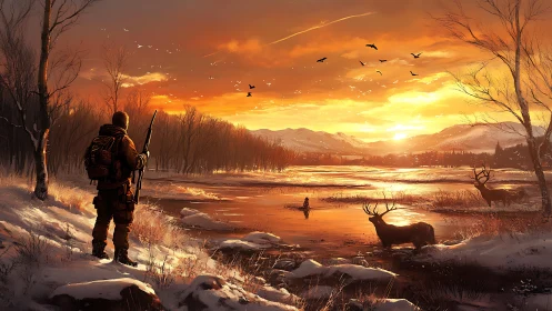 Hunter observing deer in snowy river valley at sunset.