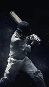 Night-sliced cricket swing frozen in a storm of sparks.