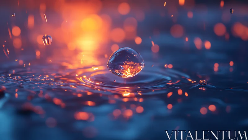 Suspended water droplet with concentric ripples at impact point.