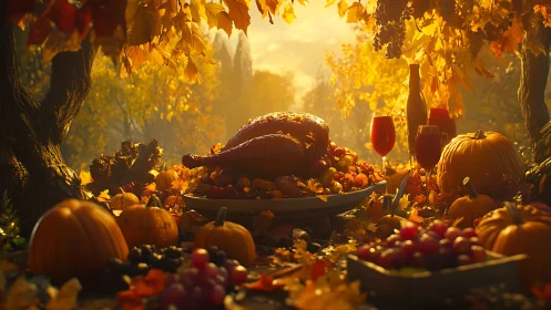 Golden autumn feast table with roast turkey and pumpkins.