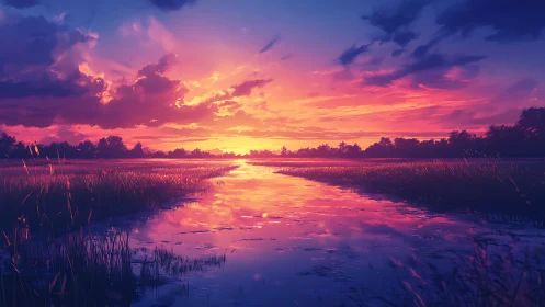 Vibrant digital sunset over tranquil marsh waterway.