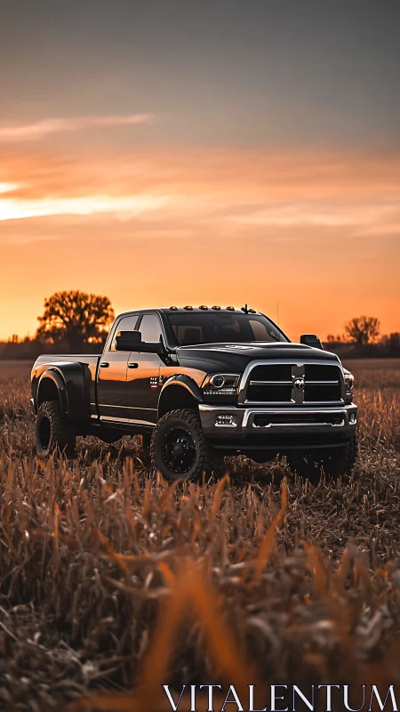 Sunset titan pickup prowling a field of burnt copper grass.