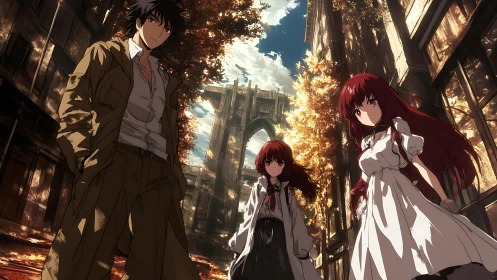 Autumn-lit anime trio in ruined city cathedral streets.