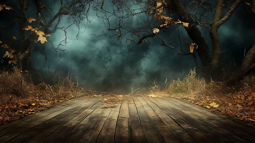 Wooden platform in leaf-strewn forest with dense fog wall.