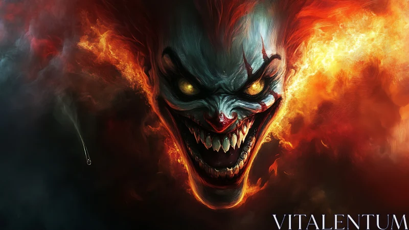 Infernal clown erupts from firestorm with predatory grin.