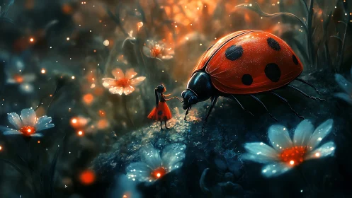 Tiny girl and giant ladybug in glowing fantasy garden.