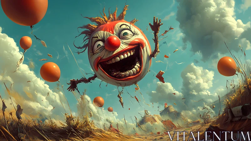 Wild skybound clown head chasing bright drifting balloons.