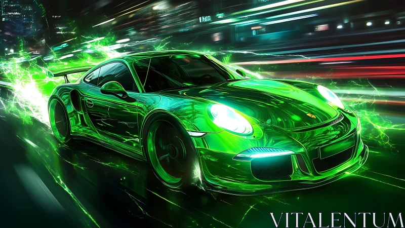 Electric green sports car races through neon city night