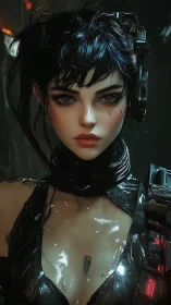 Cybernetic woman in glossy armor with intense red eyes.