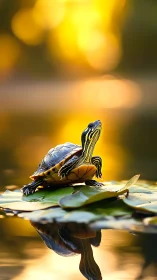 Sunlit turtle resting on lily pads in a golden pond glow.
