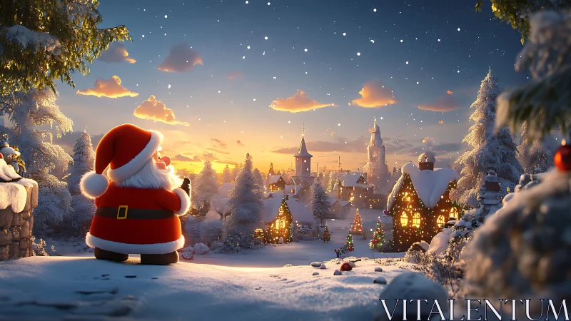 Santa watching snowy Christmas village at sunset scene.