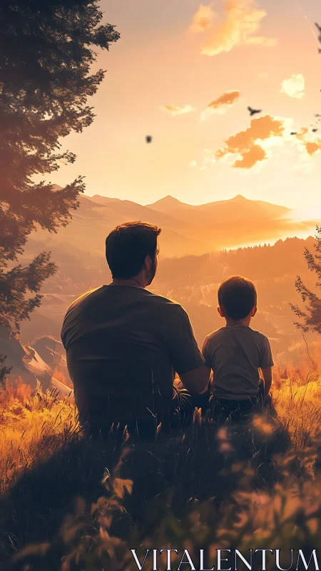 Sunlit father and son share quiet wonder above golden hills.