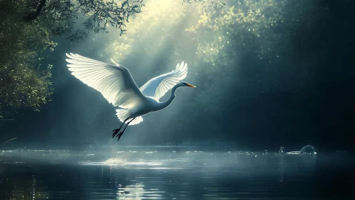 Graceful white egret in flight over misty forest lake, ethereal light.