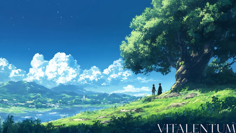 Two friends stand beneath large tree over bright valley.