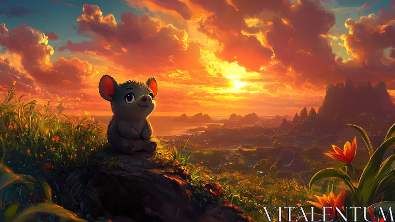 Tiny creature watches a glowing fantasy sunset in wonder