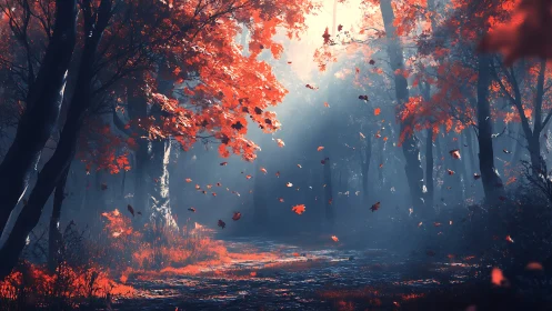 Autumn Forest Path with Glowing Red Leaves