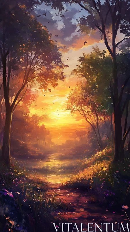 Sunlit forest path and river under warm sunset sky.