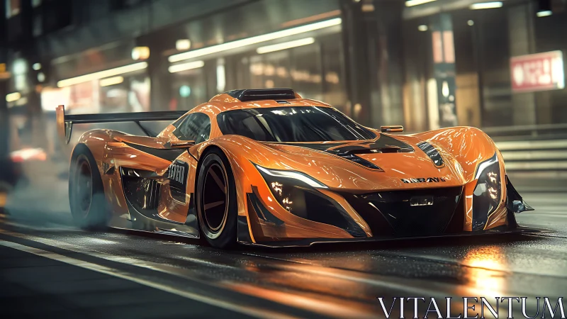 Hybrid aero supercar drifts through wet neon city street at speed