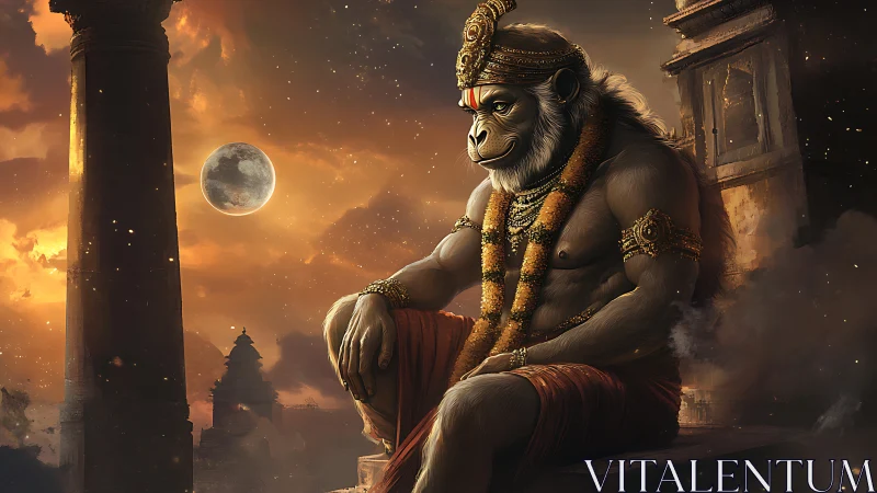 Mythic simian guardian in moonlit temple environment study.