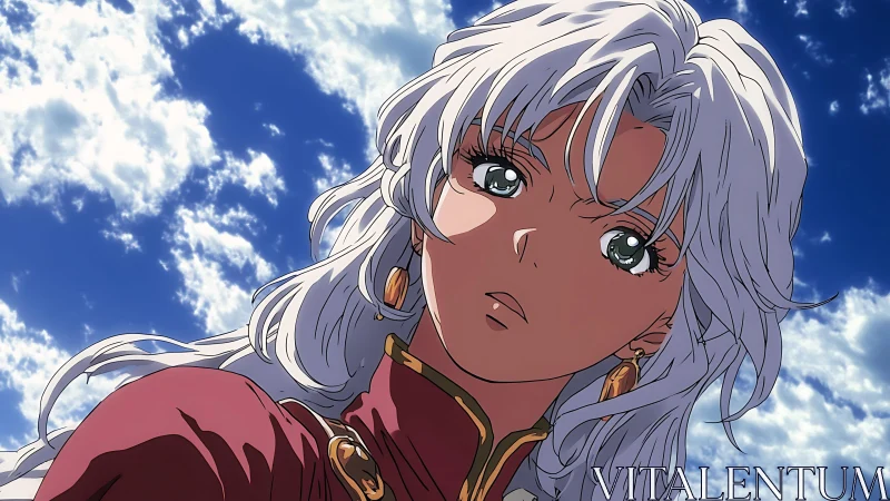 Curious silver haired heroine gazes up into a bright sky