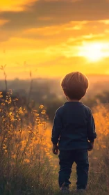 Young child standing in sunset field facing warm horizon.