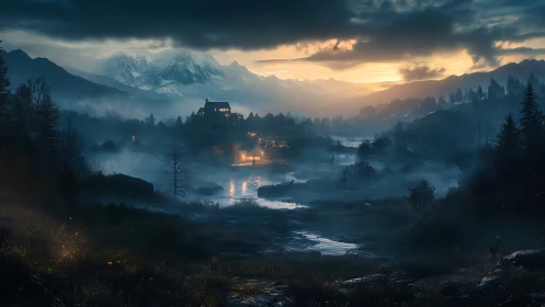 Digital painting of misty valley village at dramatic twilight.