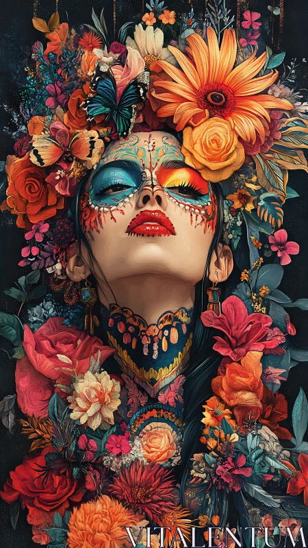 Floral-crowned spirit ascends in carnival-colored reverie.