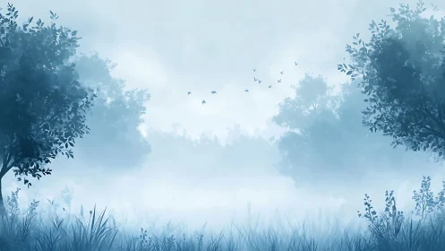 Foggy tree line with distant birds in soft blue tones.