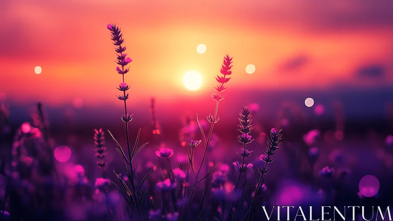 Digital lavender meadow at sunset with cinematic depth of field.