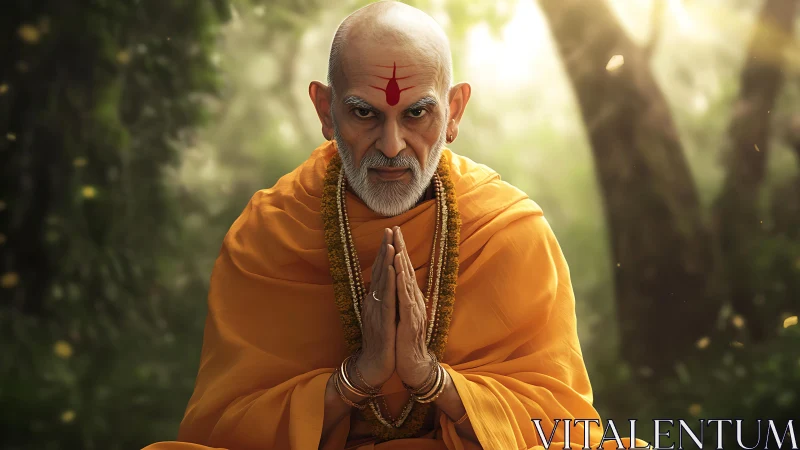 Elderly monk in orange robes under soft forest backlight meditating