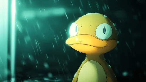 Yellow cartoon duck standing in rainy night scene.