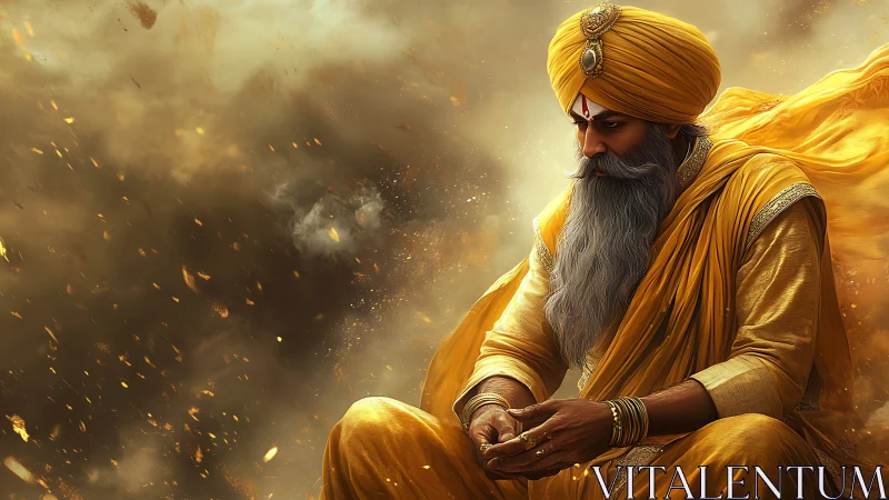 Regal Sikh elder in golden robes amid swirling embers.