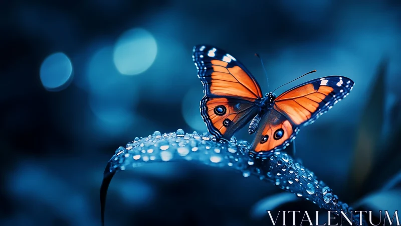 Luminous orange butterfly poised on dewlit midnight leaf.
