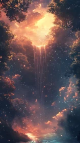 Starlit forest waterfall glows gently beneath a dreamy sky