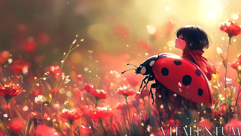 Sunlit child and giant ladybug dreaming in scarlet meadow.