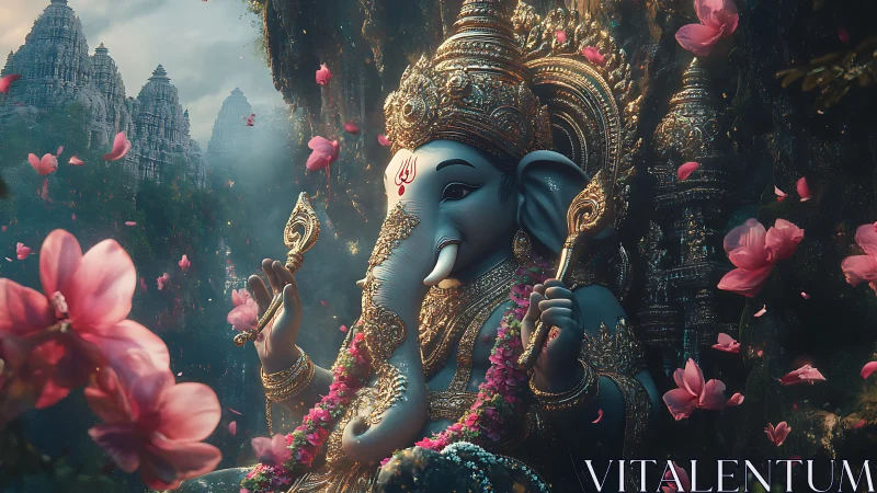 Divine elephant deity sits in ornate shrine amid falling petals
