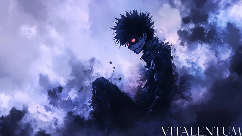 Sinister anime figure emerges from swirling violet smoke.